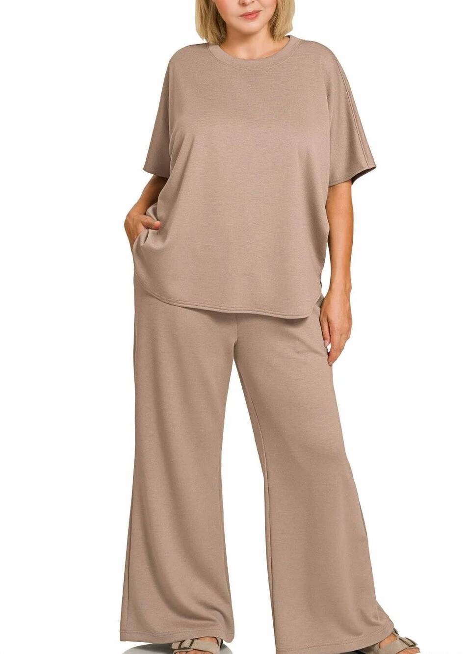 NEW ZENANA scuba curved hem top and pants set in cocoa